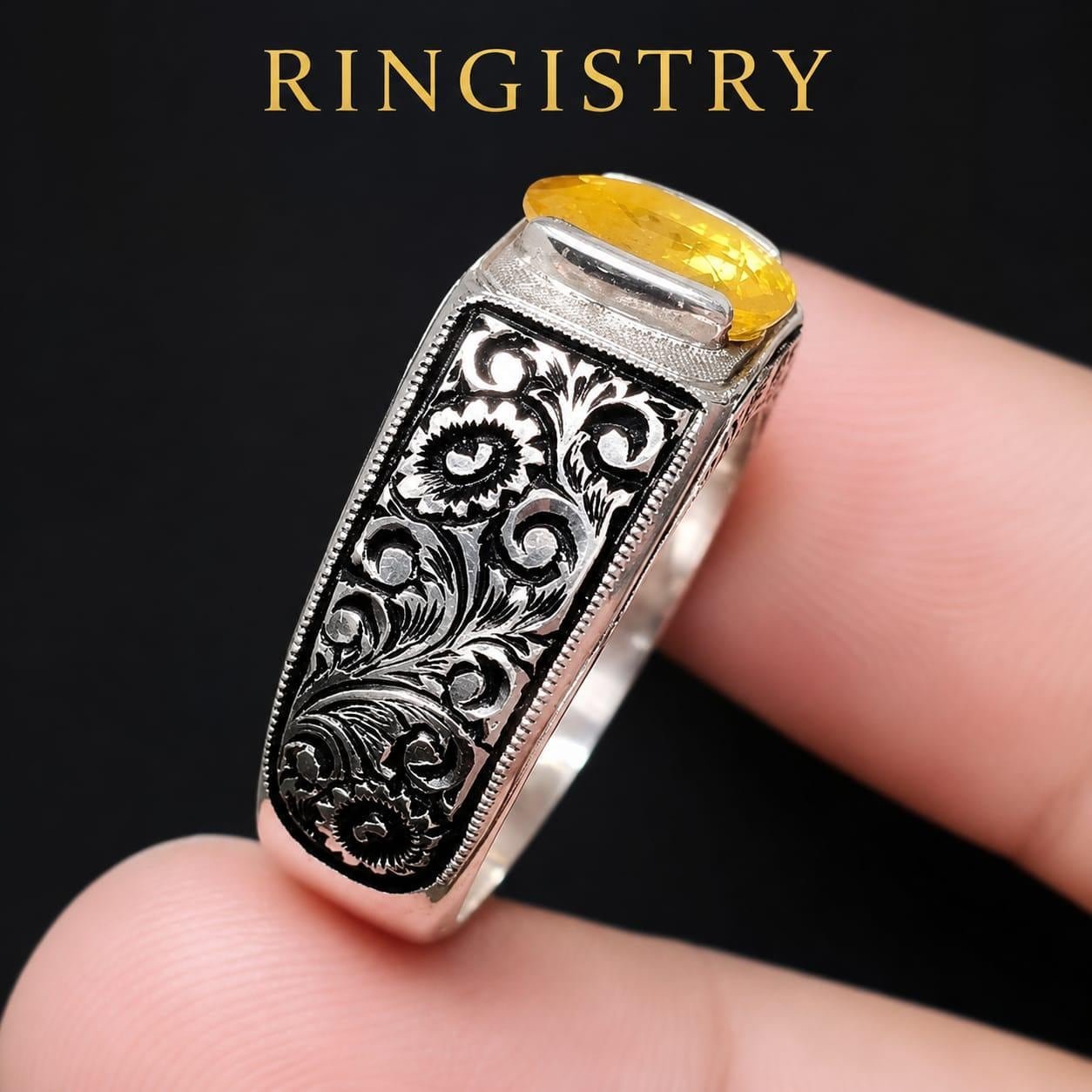 Natural Unheated African Yellow Sapphire Ring, Sterling Silver, Vintage Floral Engraved Design - Image 4