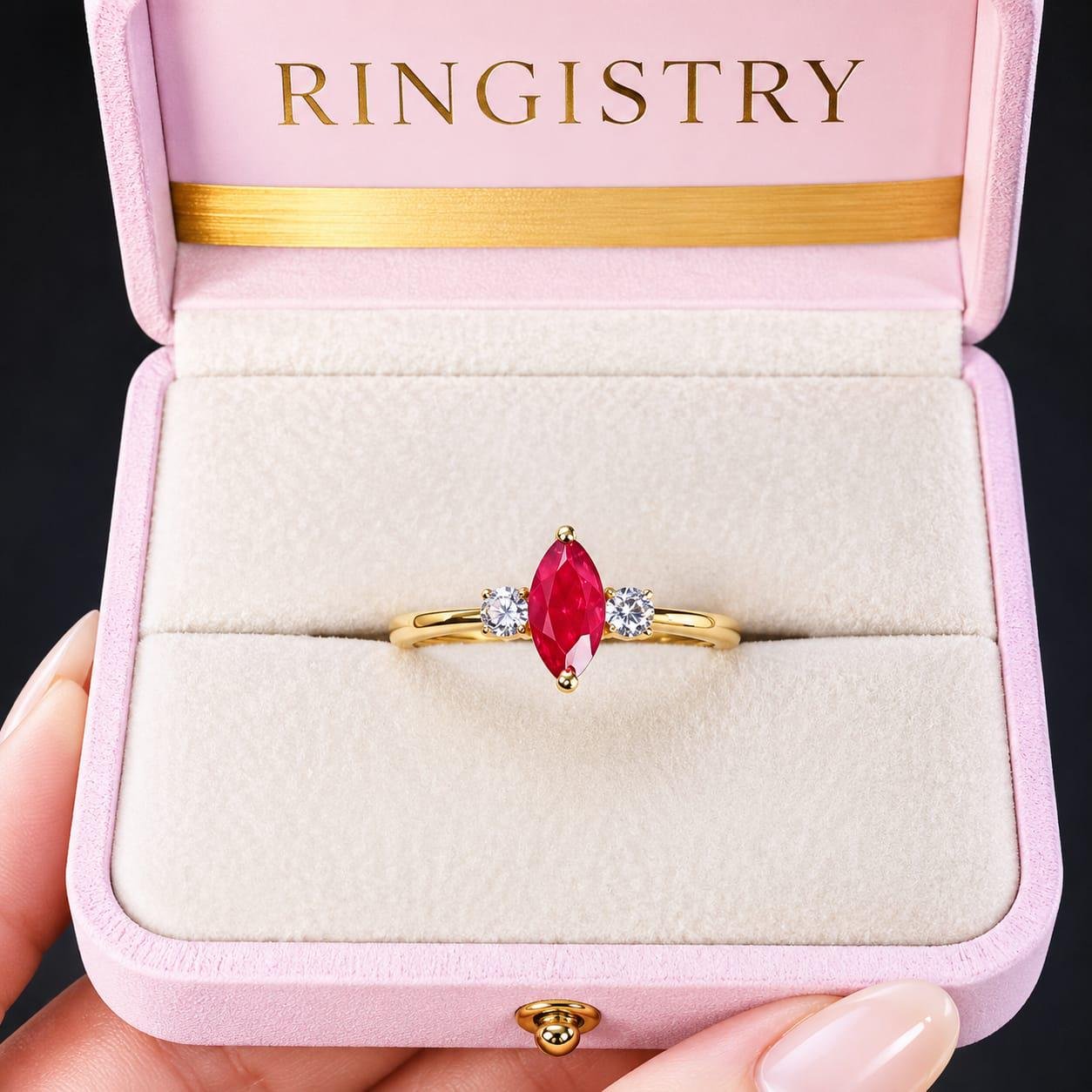 18K 21K Gold Marquise Ruby Ring, July Birthstone, Minimalist Engagement Ring - Image 3