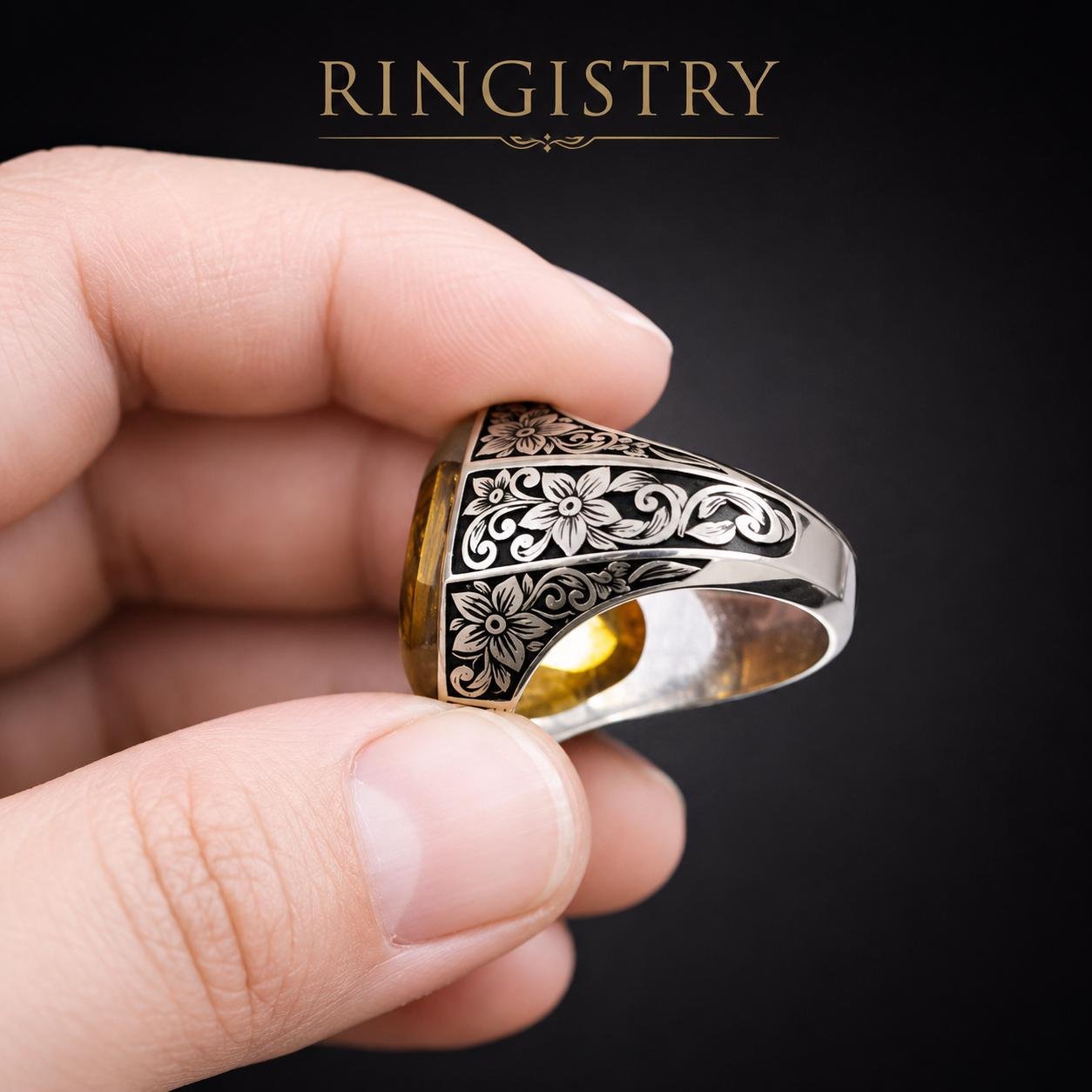 Men's Brown Agate Aqeeq Signet Ring: Handmade Floral Engraved Silver Vintage Statement Accessory - Image 5
