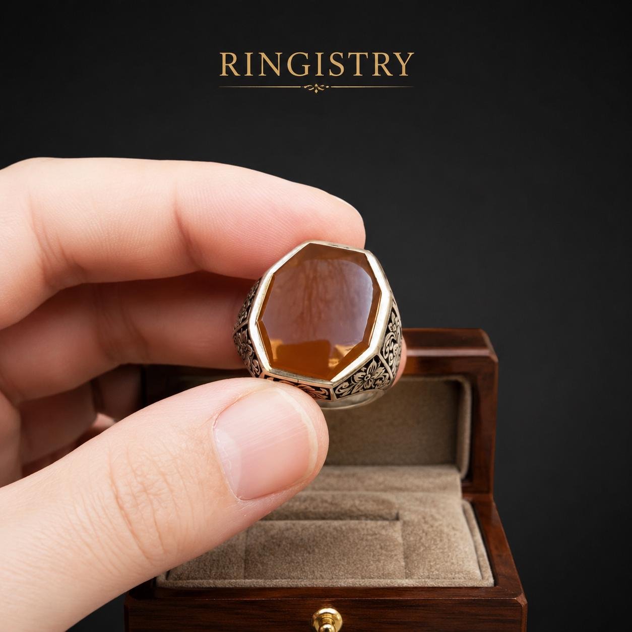 Men's Brown Agate Aqeeq Signet Ring: Handmade Floral Engraved Silver Vintage Statement Accessory - Image 4