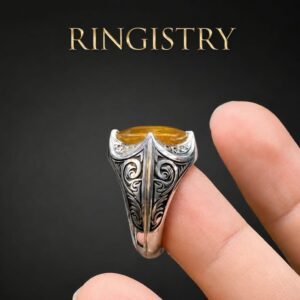 Mens Natural Yellow Sapphire Ring, Handcrafted 925 Sterling Silver Pukhraj Gemstone