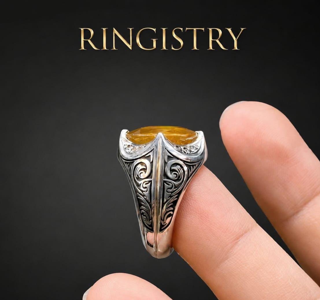 Mens Natural Yellow Sapphire Ring, Handcrafted 925 Sterling Silver Pukhraj Gemstone