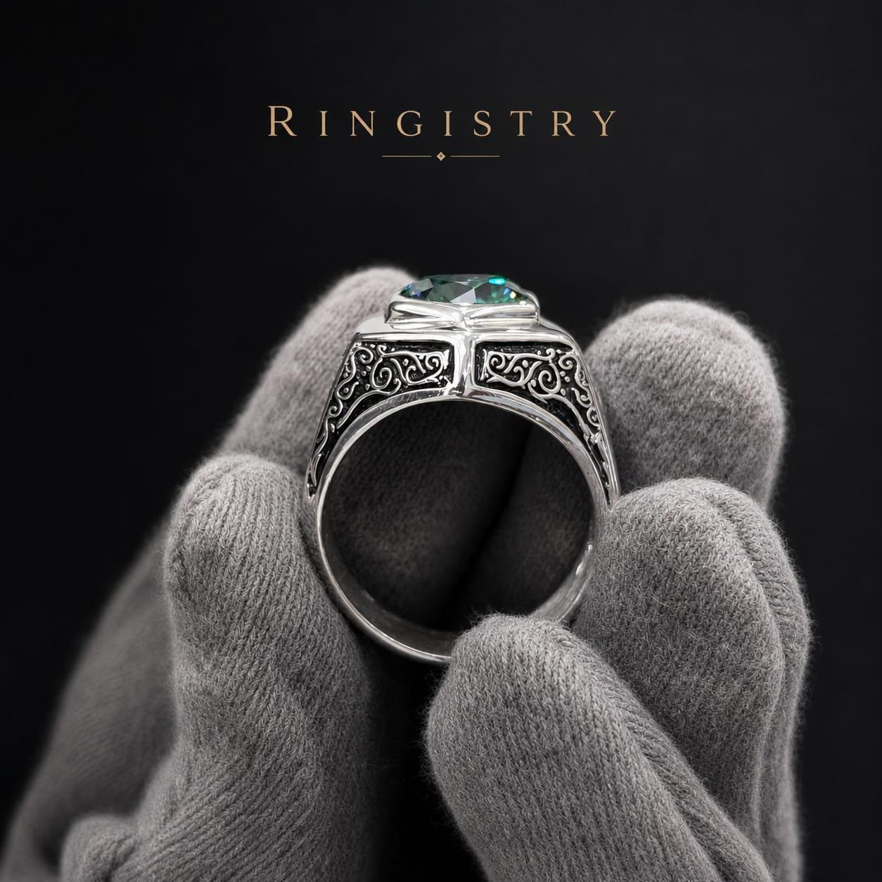 Men’s Sterling Silver Green Moissanite Ring, Vintage Engagement Ring, Father’s Day Gift for Him - Image 4