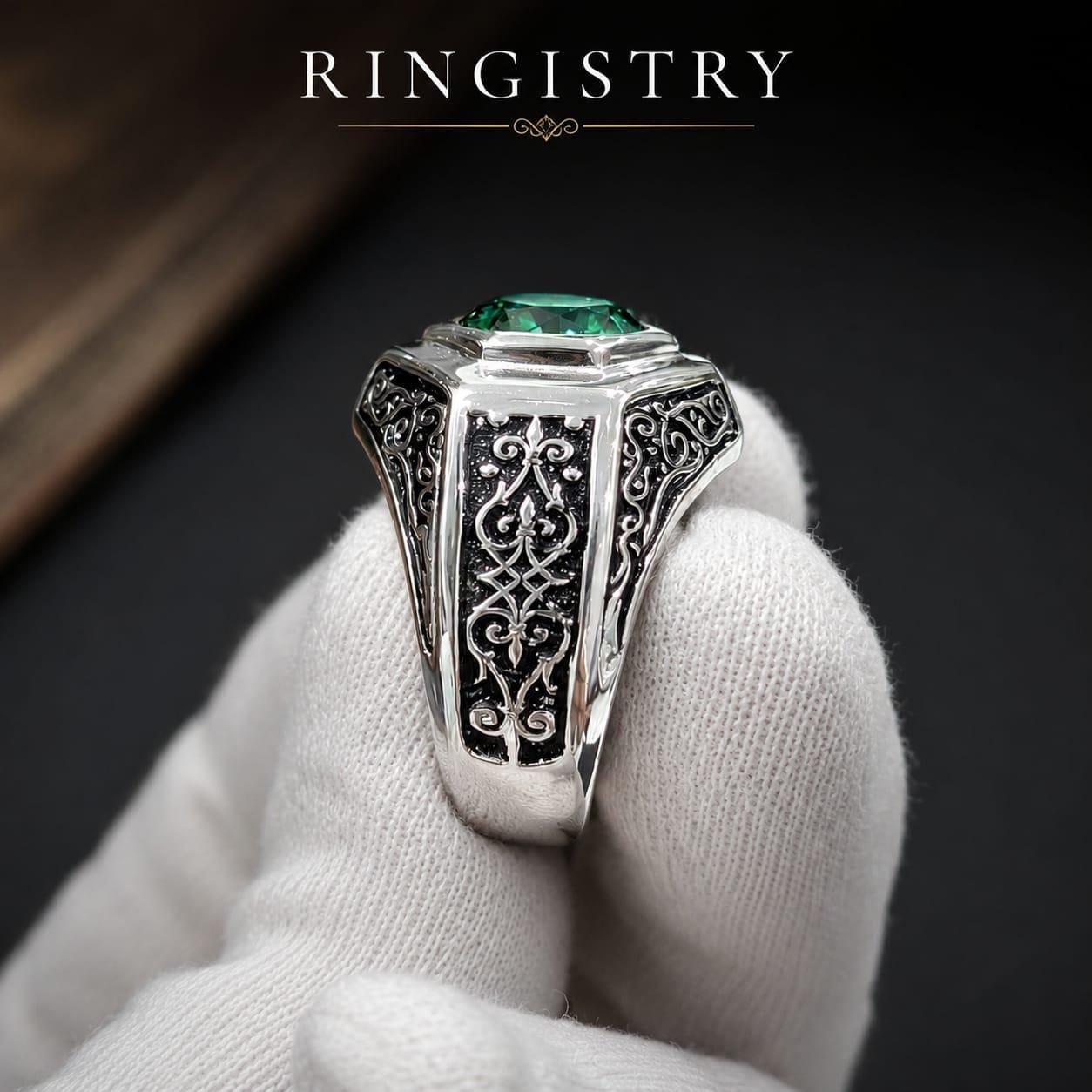 Men’s Sterling Silver Green Moissanite Ring, Vintage Engagement Ring, Father’s Day Gift for Him - Image 3