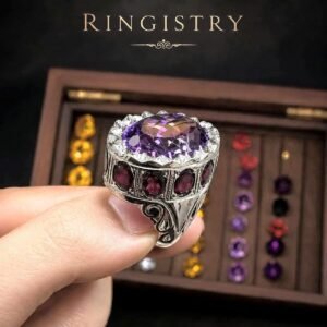 Men’s Amethyst Garnet Ring, Handmade 925 Sterling Silver Statement Ring, Purple Gemstone Ring, Father’s Day Gift for Him