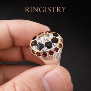 Art Deco Sterling Silver Ring, White Moissanite, Sapphire, Garnet Engagement Band
