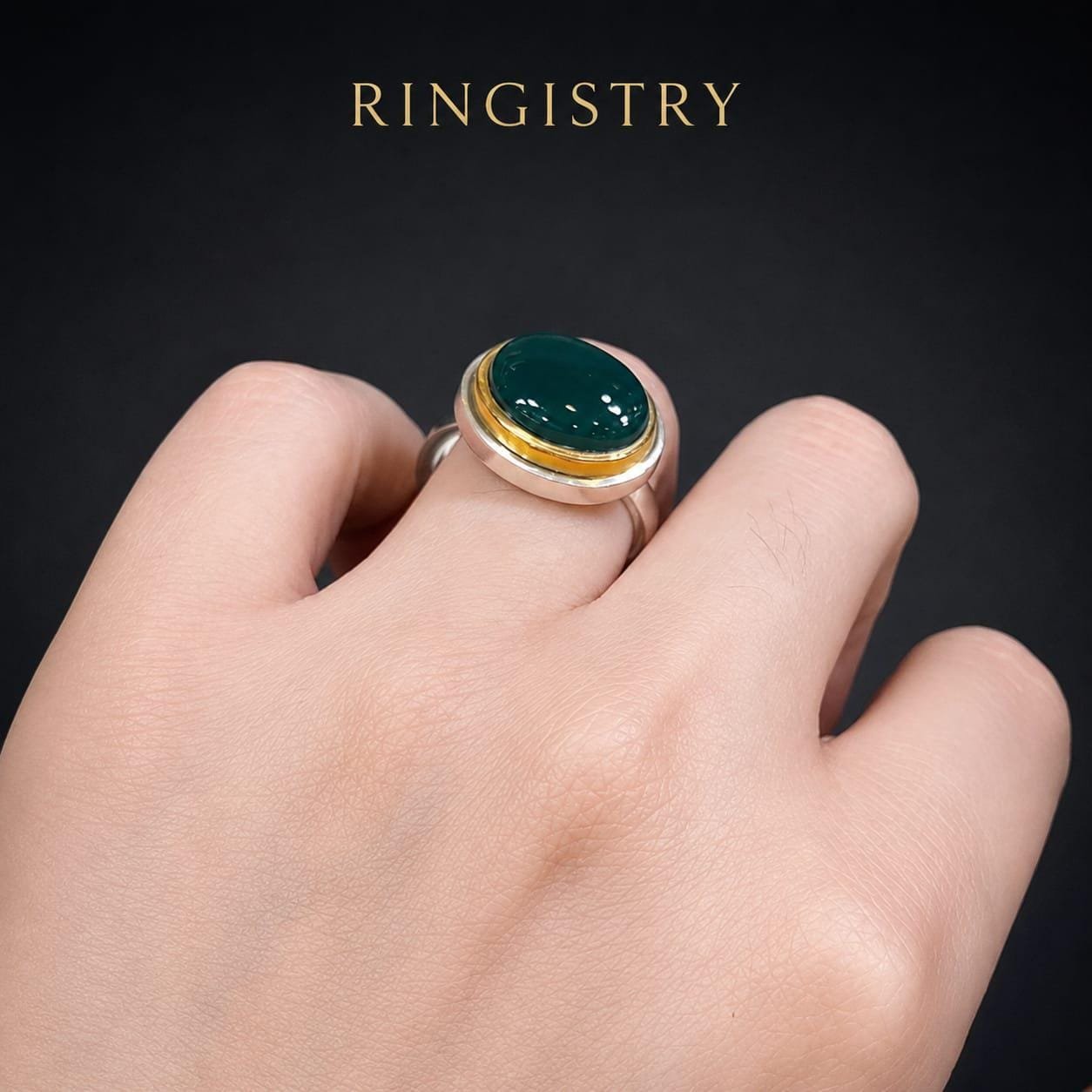 Handmade Sterling Silver Green Onyx Statement Ring,  Lab Grown Green Agate Vintage Style Gemstone Ring