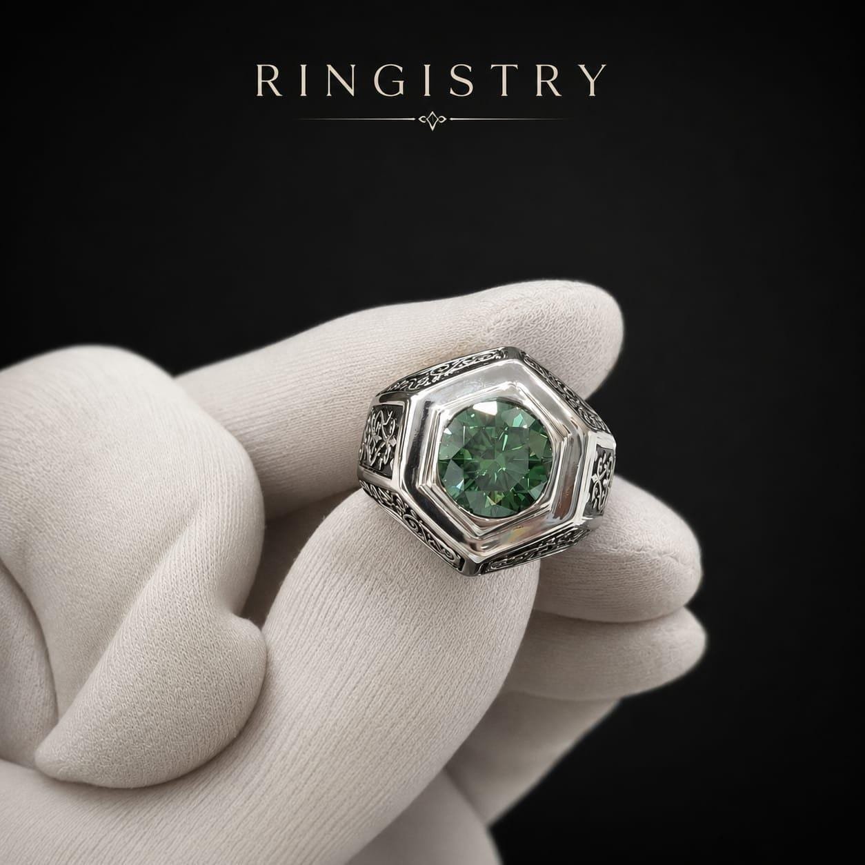 Men’s Sterling Silver Green Moissanite Ring, Vintage Engagement Ring, Father’s Day Gift for Him - Image 2