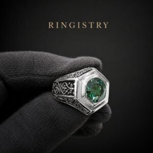 Men’s Sterling Silver Green Moissanite Ring, Vintage Engagement Ring, Father’s Day Gift for Him