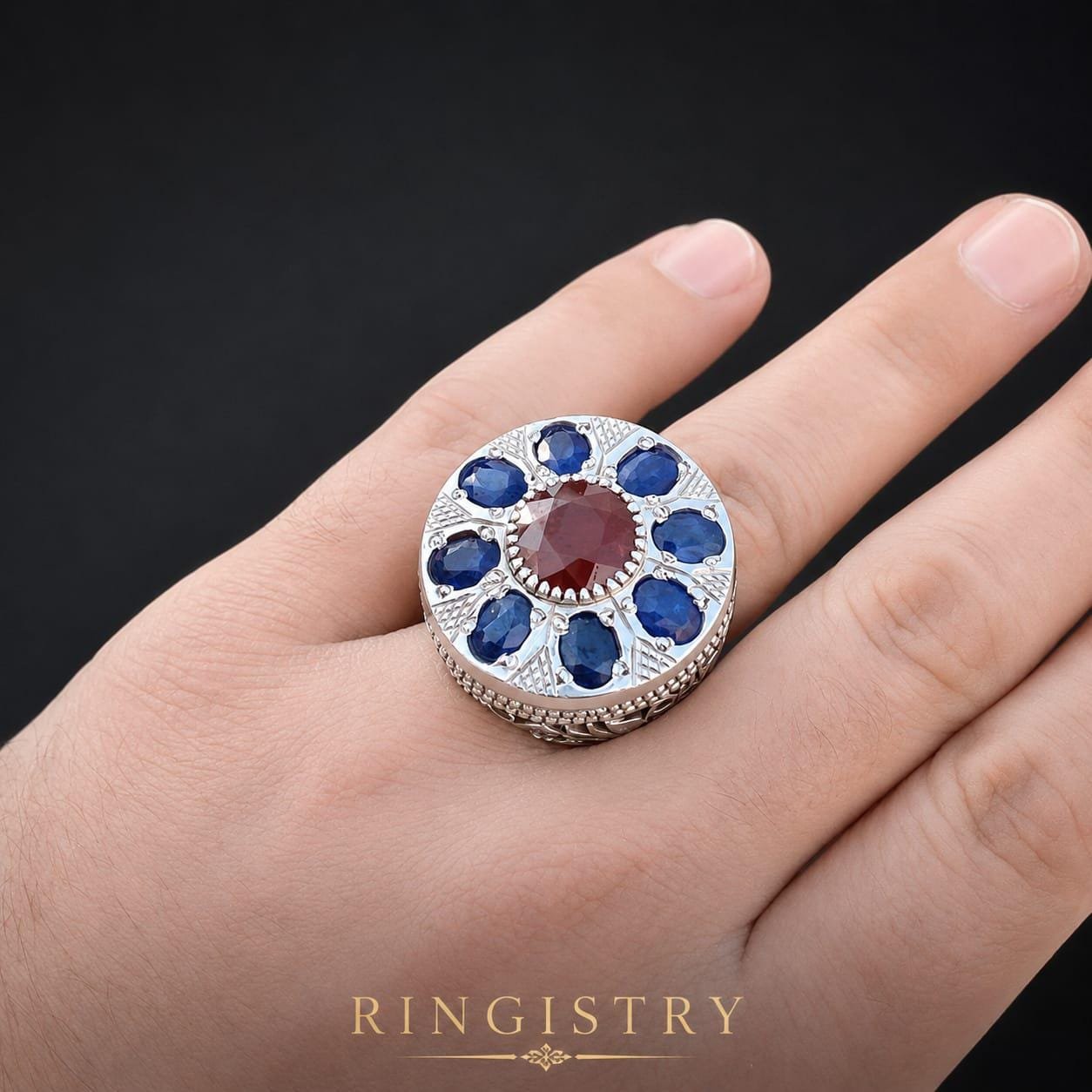 Natural Blue Sapphire Ruby Ring, Handmade 925 Sterling Silver Men's Gemstone Statement Ring - Image 3