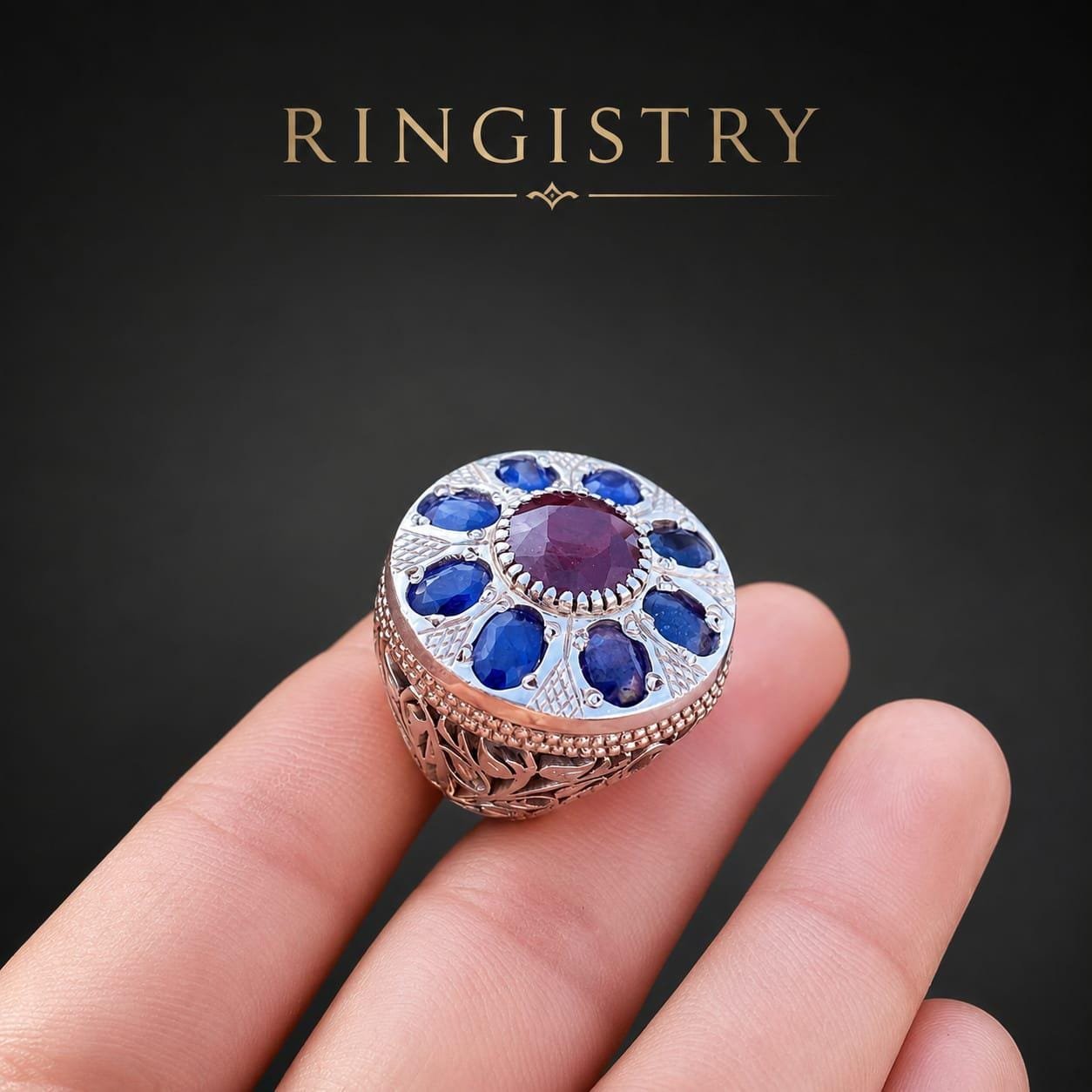 Natural Blue Sapphire Ruby Ring, Handmade 925 Sterling Silver Men's Gemstone Statement Ring - Image 7