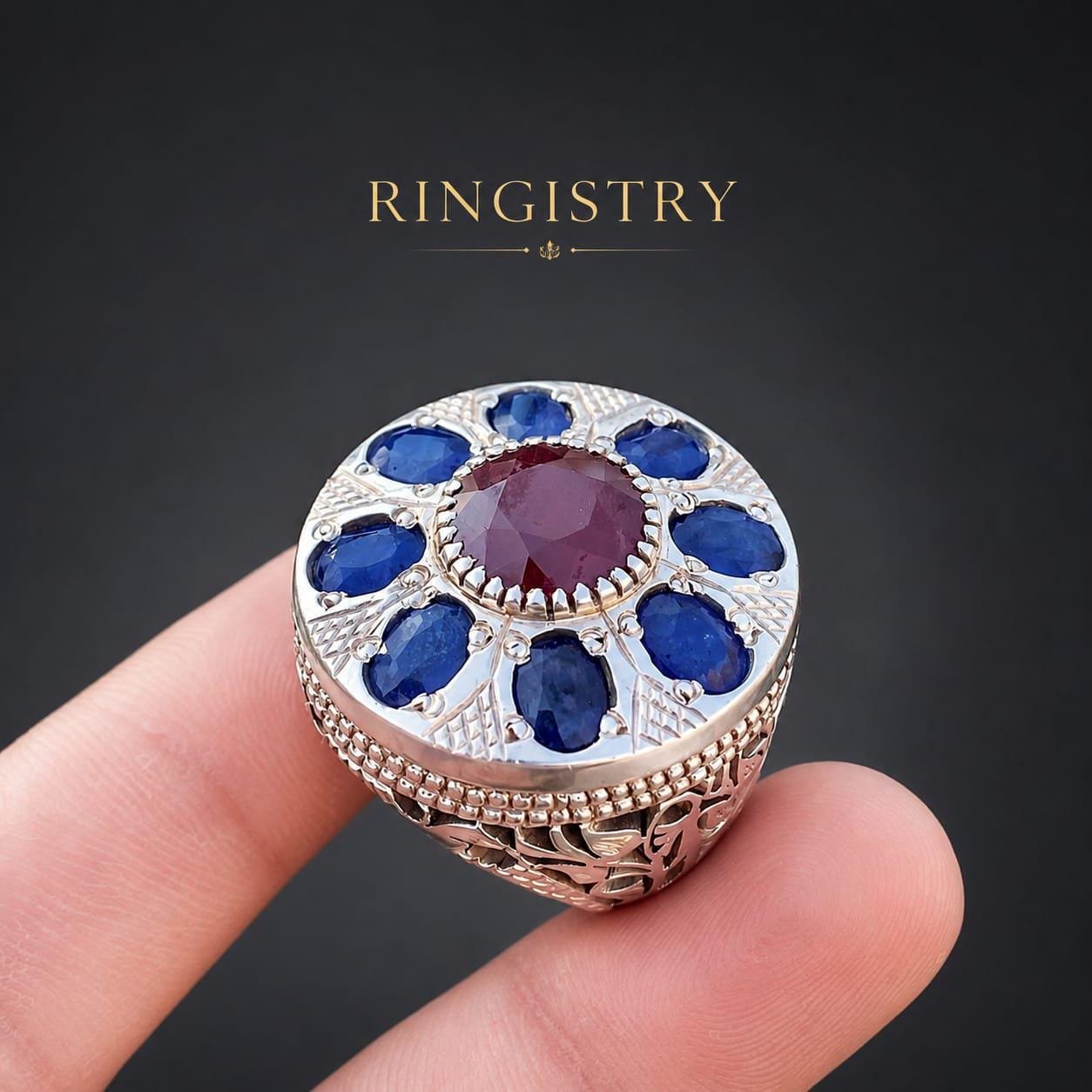 Natural Blue Sapphire Ruby Ring, Handmade 925 Sterling Silver Men's Gemstone Statement Ring - Image 6