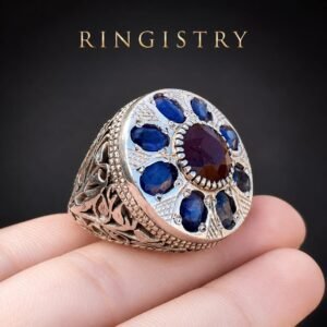 Natural Blue Sapphire Ruby Ring, Handmade 925 Sterling Silver Men's Gemstone Statement Ring