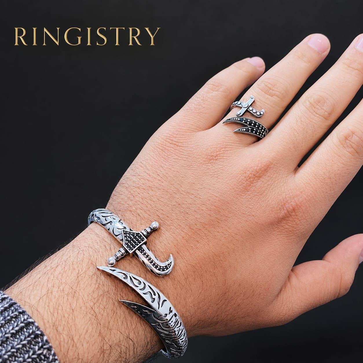 Sterling Silver Zulfiqar Sword Bracelet Ring Set, Islamic Shia Jewelry for Men - Image 4