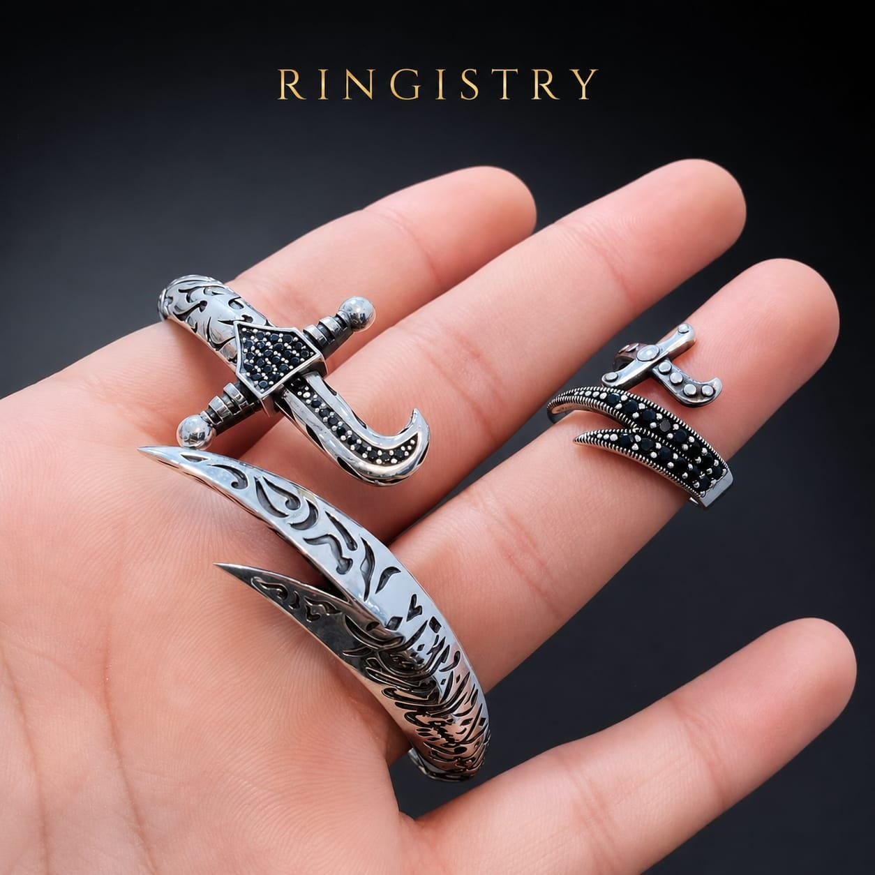 Sterling Silver Zulfiqar Sword Bracelet Ring Set, Islamic Shia Jewelry for Men - Image 3