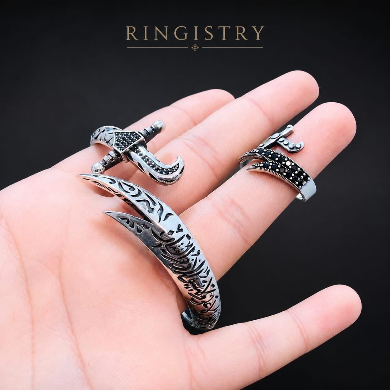 Sterling Silver Zulfiqar Sword Bracelet Ring Set, Islamic Shia Jewelry for Men