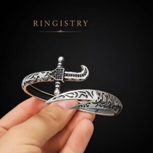 Sterling Silver Zulfiqar Sword Cuff Bracelet, Islamic Engraved Adjustable Bangle
