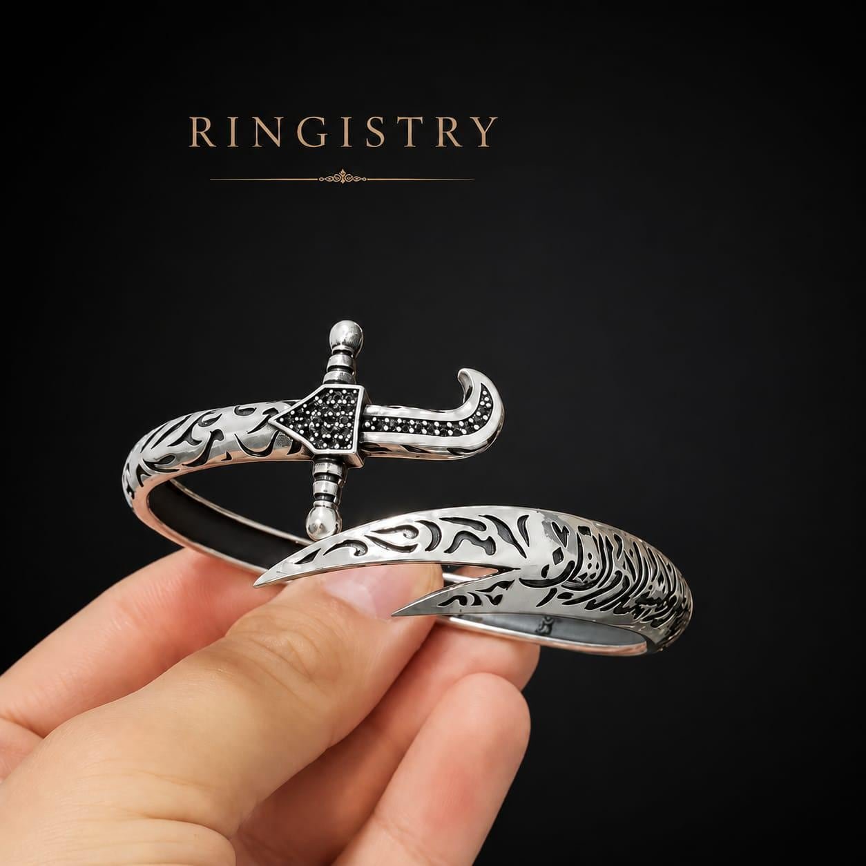 Sterling Silver Zulfiqar Sword Cuff Bracelet, Islamic Engraved Adjustable Bangle