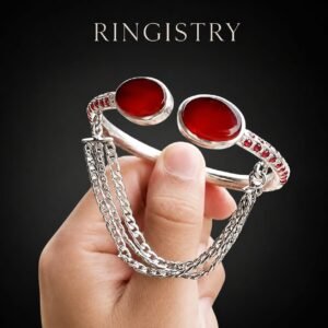 Handmade Sterling Silver Yemeni Aqeeq Cuff Bracelet, Oval Agate Bangle, Chain Detail