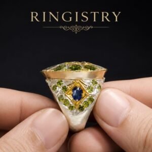 Men’s Peridot Blue Sapphire Two Tone Sterling Silver Statement Ring