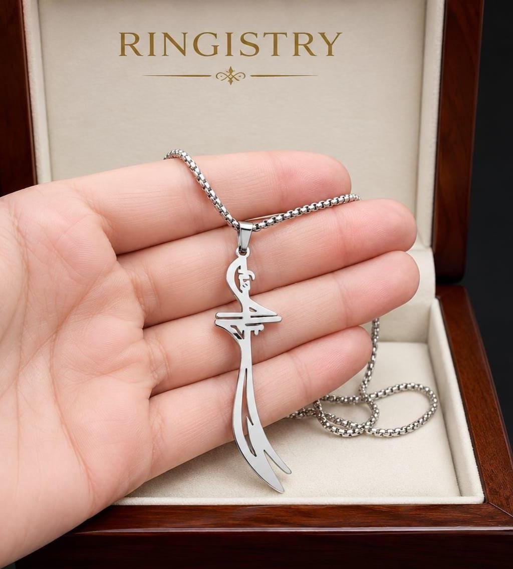 Sterling Silver Zulfiqar Necklace | Arabic Calligraphy Imam Ali Pendant, Muslim Jewelry