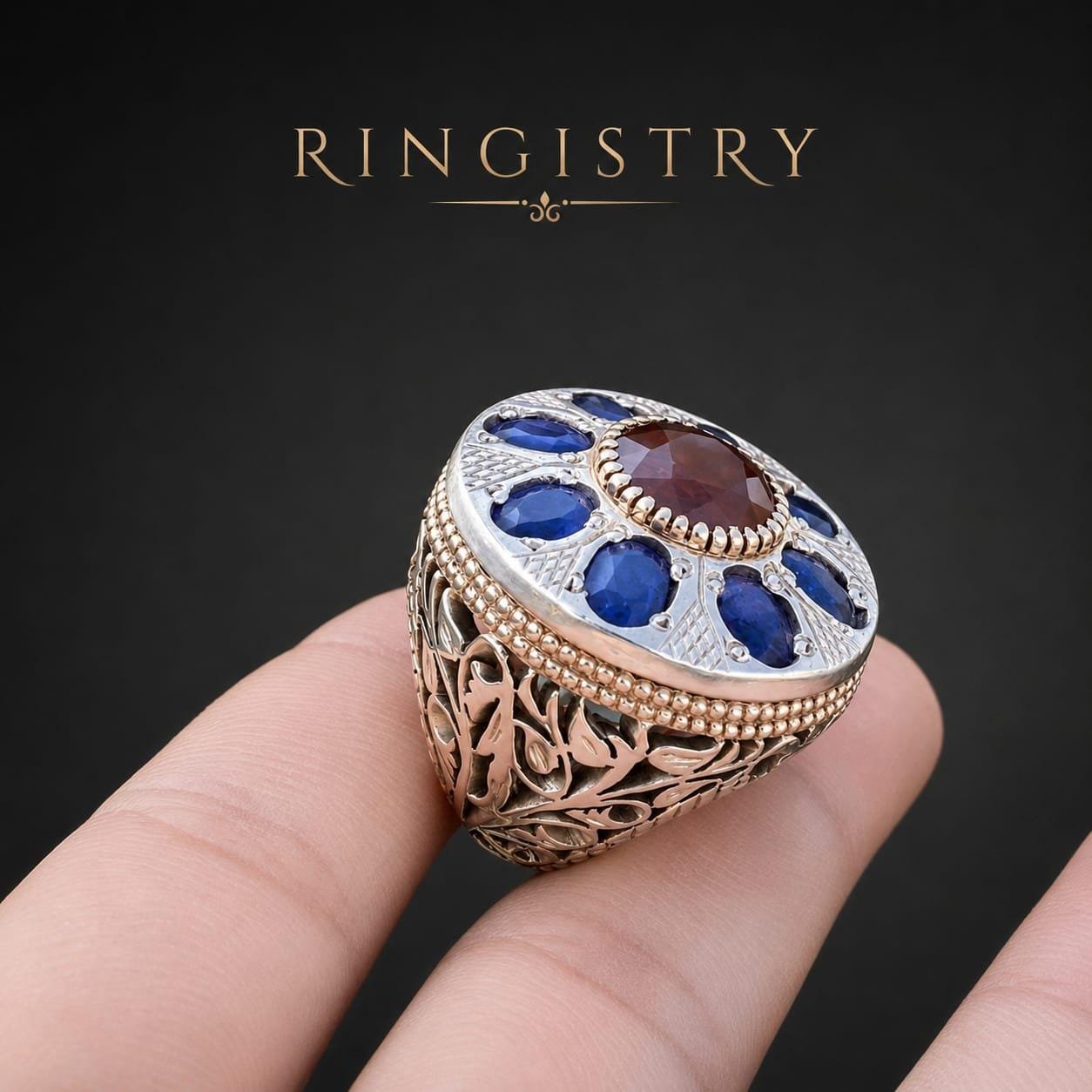 Natural Blue Sapphire Ruby Ring, Handmade 925 Sterling Silver Men's Gemstone Statement Ring - Image 4