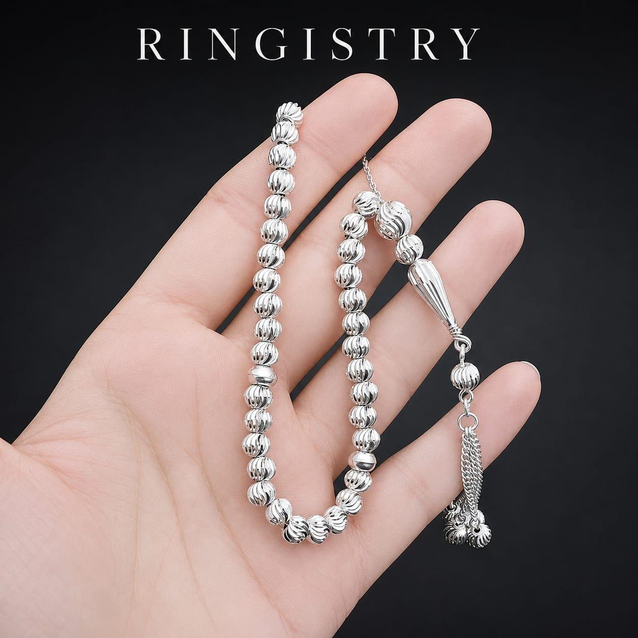 925 Sterling Silver 33 Bead Tasbih, Handmade Islamic Prayer Beads, Engraved Misbaha