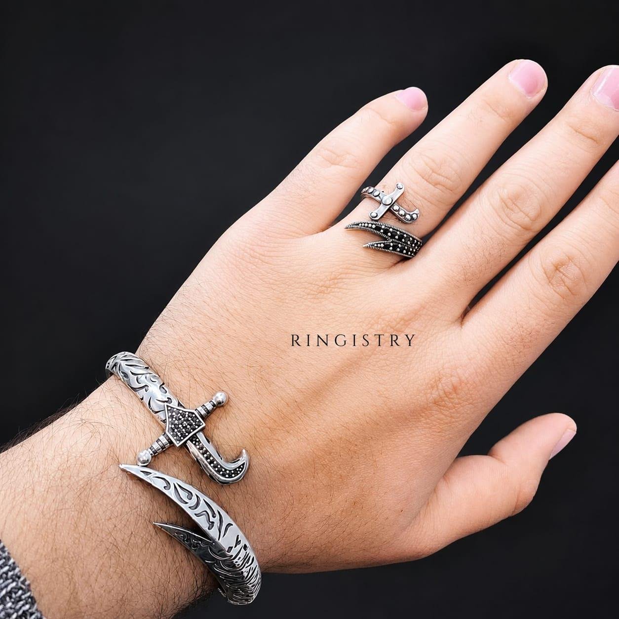 Sterling Silver Zulfiqar Sword Bracelet Ring Set, Islamic Shia Jewelry for Men - Image 2