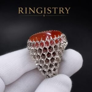 Men's Brown Red Yemeni Agate Ring: Sterling Silver Islamic Aqeeq Stone Band