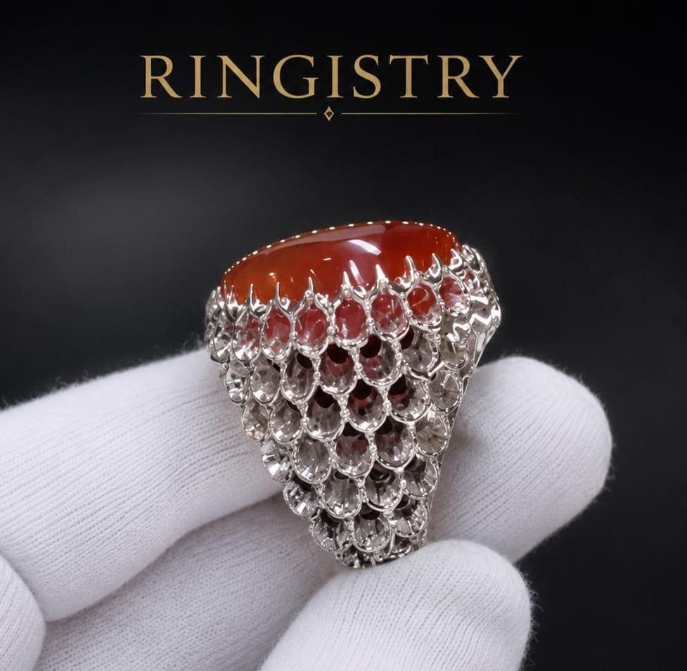 Men's Brown Red Yemeni Agate Ring: Sterling Silver Islamic Aqeeq Stone Band