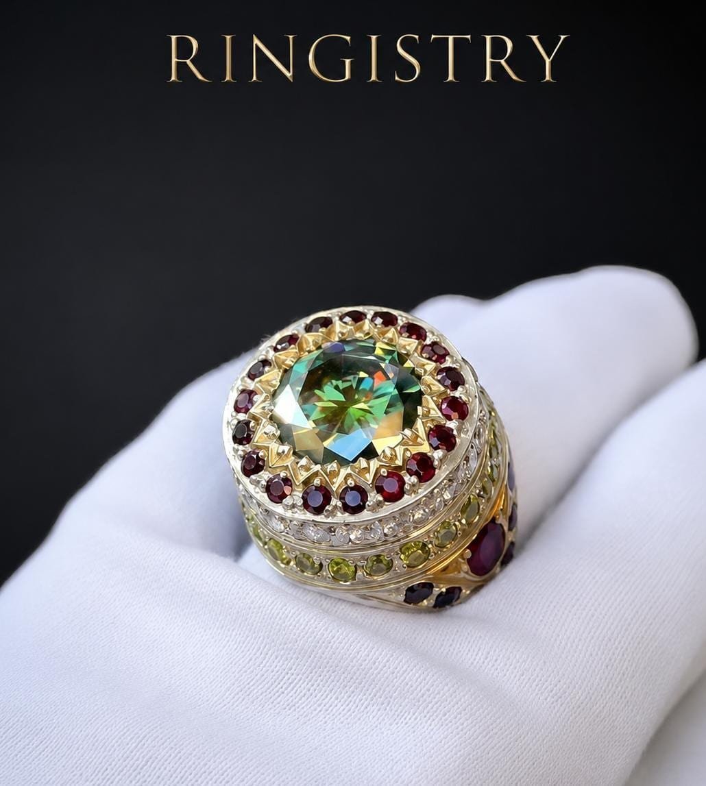 5 Ct Green Moissanite Statement Ring, 925 Sterling Silver, Ruby Sapphire Peridot Accents - Image 6