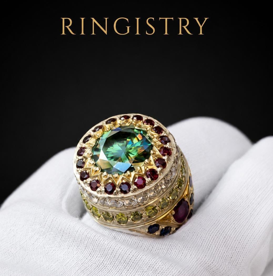 5 Ct Green Moissanite Statement Ring, 925 Sterling Silver, Ruby Sapphire Peridot Accents - Image 3