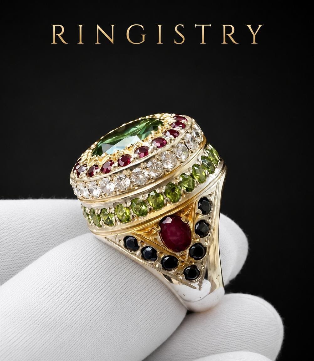 5 Ct Green Moissanite Statement Ring, 925 Sterling Silver, Ruby Sapphire Peridot Accents