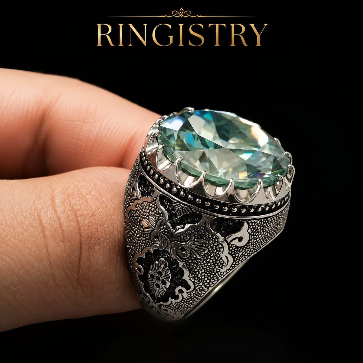 Green Moissanite Mens Ring, Handmade 925 Sterling Silver Engraved Statement Ring, Unique Promise Gift - Image 5