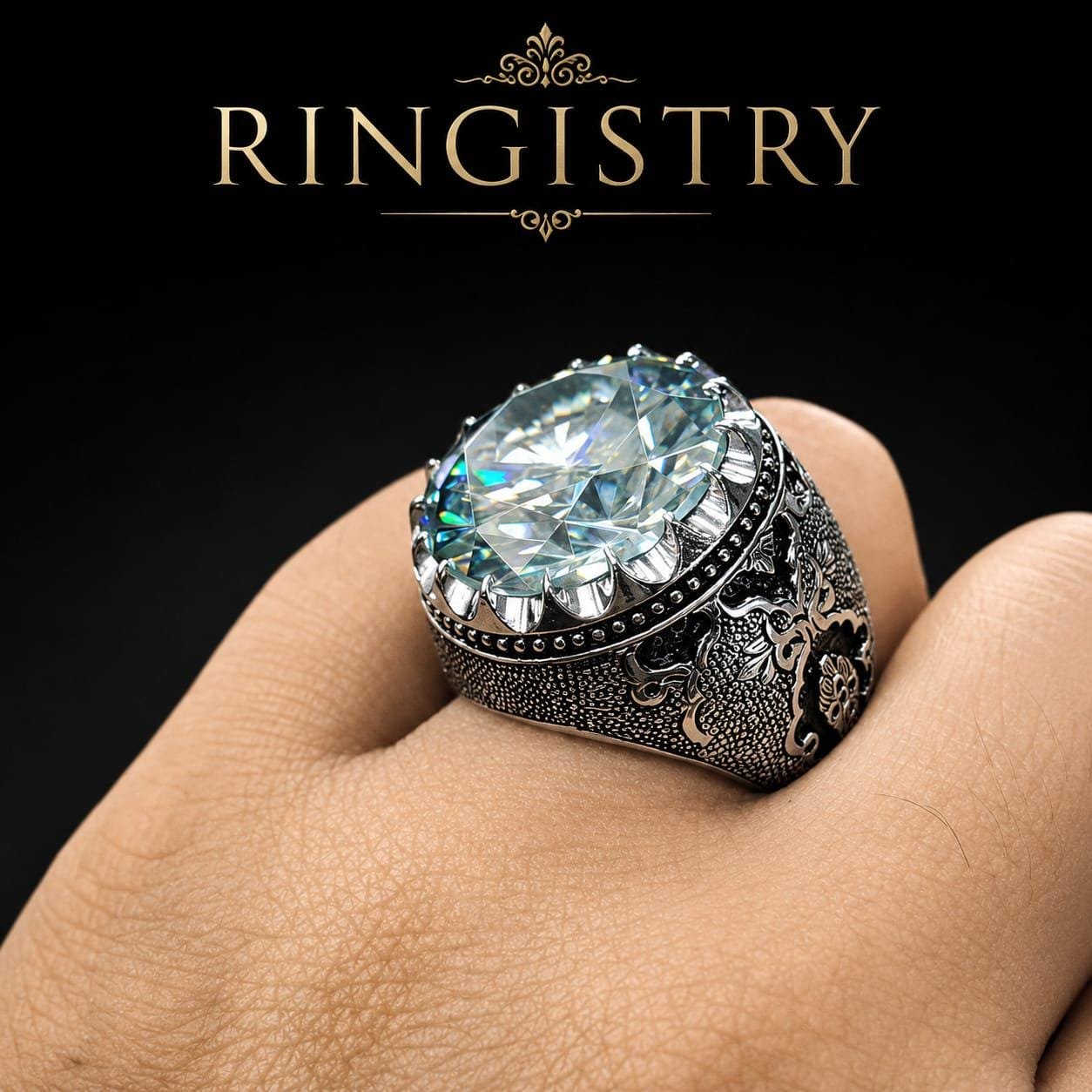 Green Moissanite Mens Ring, Handmade 925 Sterling Silver Engraved Statement Ring, Unique Promise Gift - Image 4