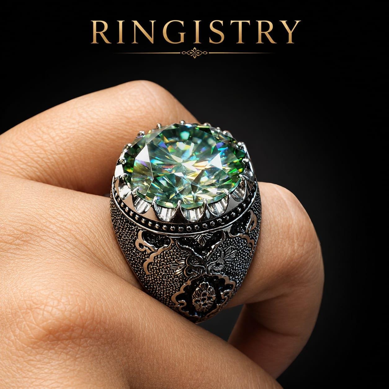 Green Moissanite Mens Ring, Handmade 925 Sterling Silver Engraved Statement Ring, Unique Promise Gift - Image 6