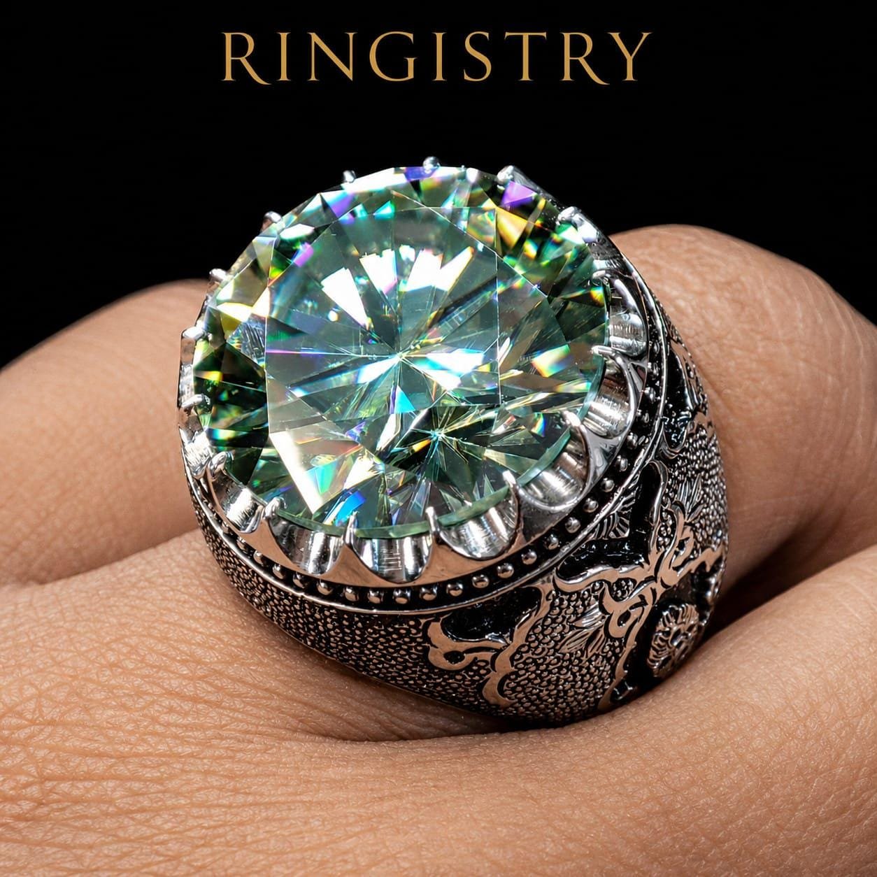 Green Moissanite Mens Ring, Handmade 925 Sterling Silver Engraved Statement Ring, Unique Promise Gift - Image 3