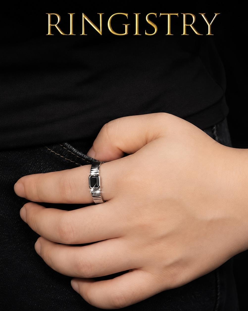 Black Agate Ring for Men, 925 Sterling Silver Wide Ribbed Band, Emerald Cut Black Aqeeq Ring, Minimalist Statement Gift - Image 6