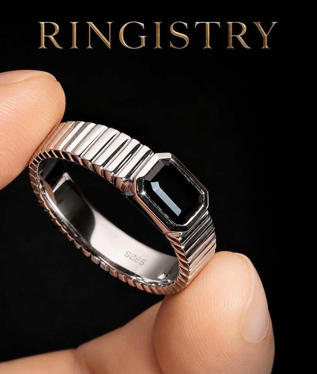 Black Agate Ring for Men, 925 Sterling Silver Wide Ribbed Band, Emerald Cut Black Aqeeq Ring, Minimalist Statement Gift - Image 7