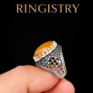 Shrine Zari Imam Hussain Ring, Natural Yemeni Yellow Agate Aqeeq Ring, 925 Sterling Silver Islamic Shia Ring for Men