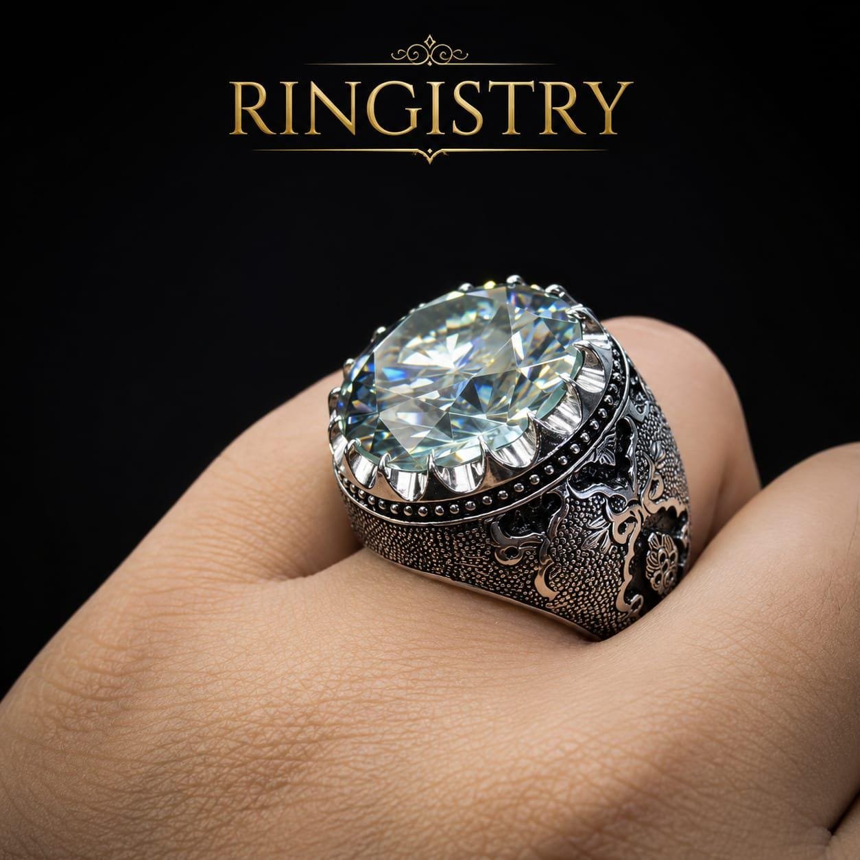 Green Moissanite Mens Ring, Handmade 925 Sterling Silver Engraved Statement Ring, Unique Promise Gift - Image 2