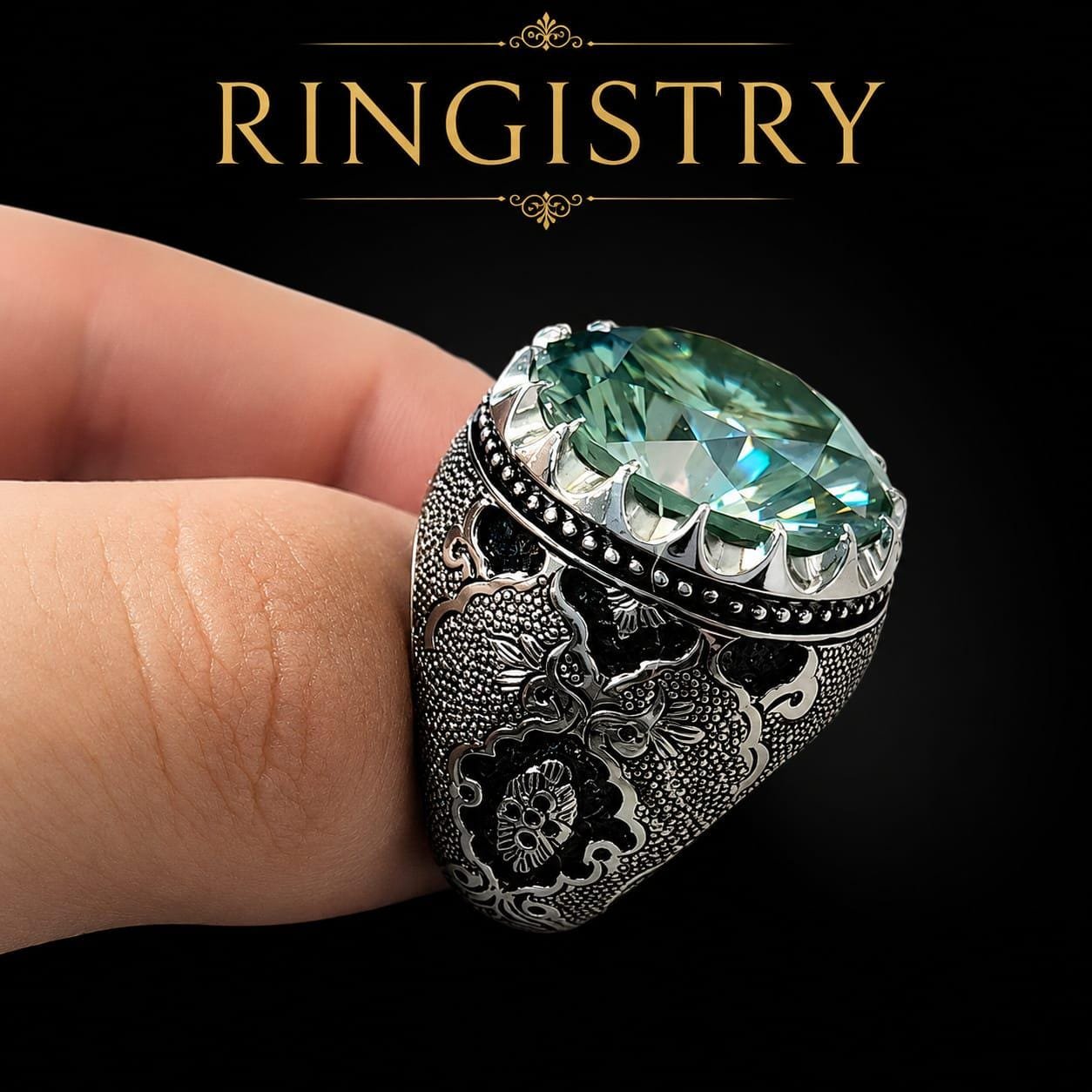 Green Moissanite Mens Ring, Handmade 925 Sterling Silver Engraved Statement Ring, Unique Promise Gift