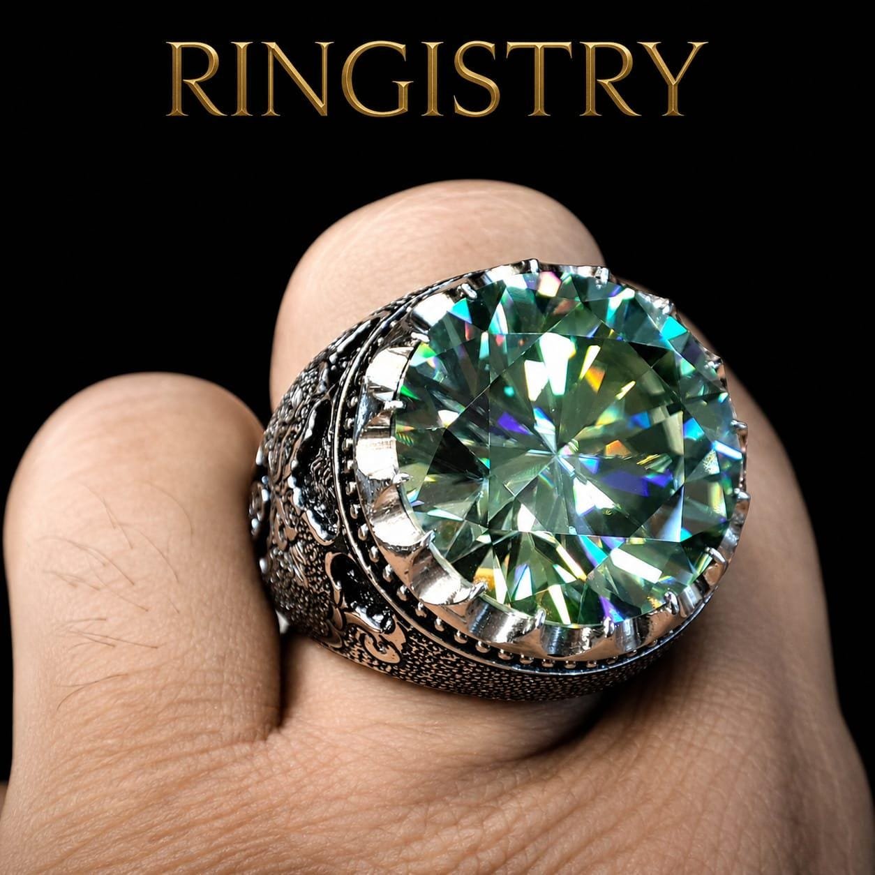 Green Moissanite Mens Ring, Handmade 925 Sterling Silver Engraved Statement Ring, Unique Promise Gift - Image 7