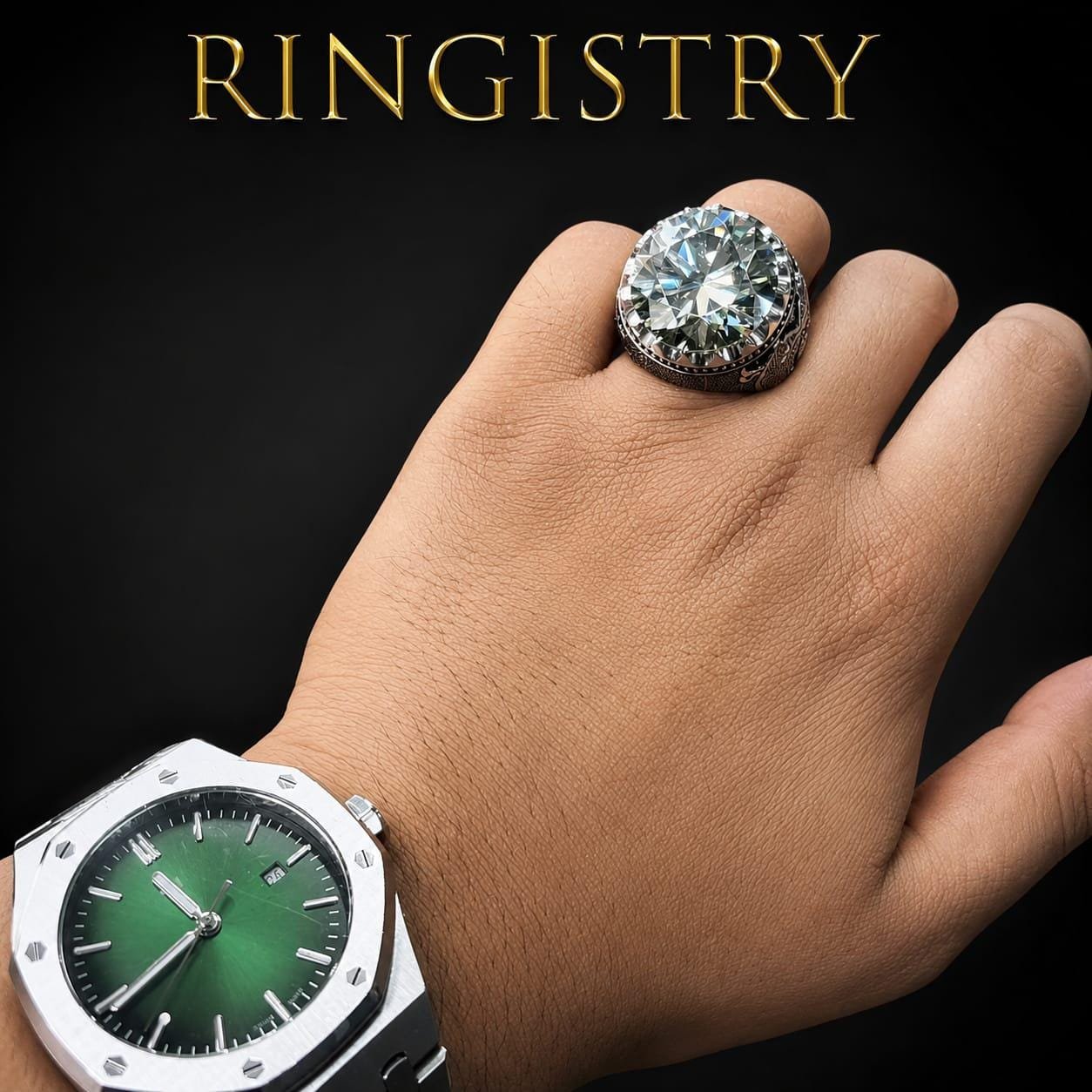 Green Moissanite Mens Ring, Handmade 925 Sterling Silver Engraved Statement Ring, Unique Promise Gift - Image 8
