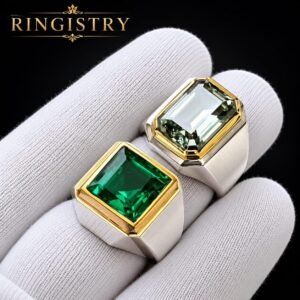 Men's Sterling Silver Ring Set, Emerald & Moissanite Look Glass Gemstones, Signet Style