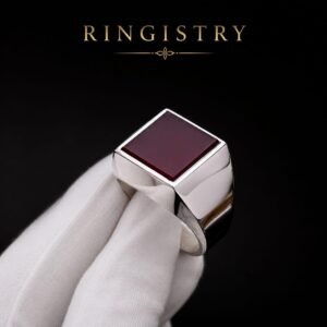 Handmade Sterling Silver Yemeni Aqeeq Ring, Brown Carnelian Cushion Signet Islamic Men's Ring