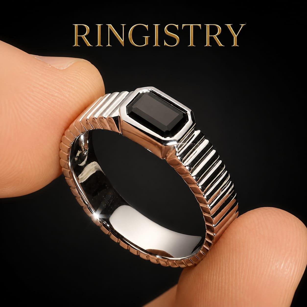 Black Agate Ring for Men, 925 Sterling Silver Wide Ribbed Band, Emerald Cut Black Aqeeq Ring, Minimalist Statement Gift - Image 2