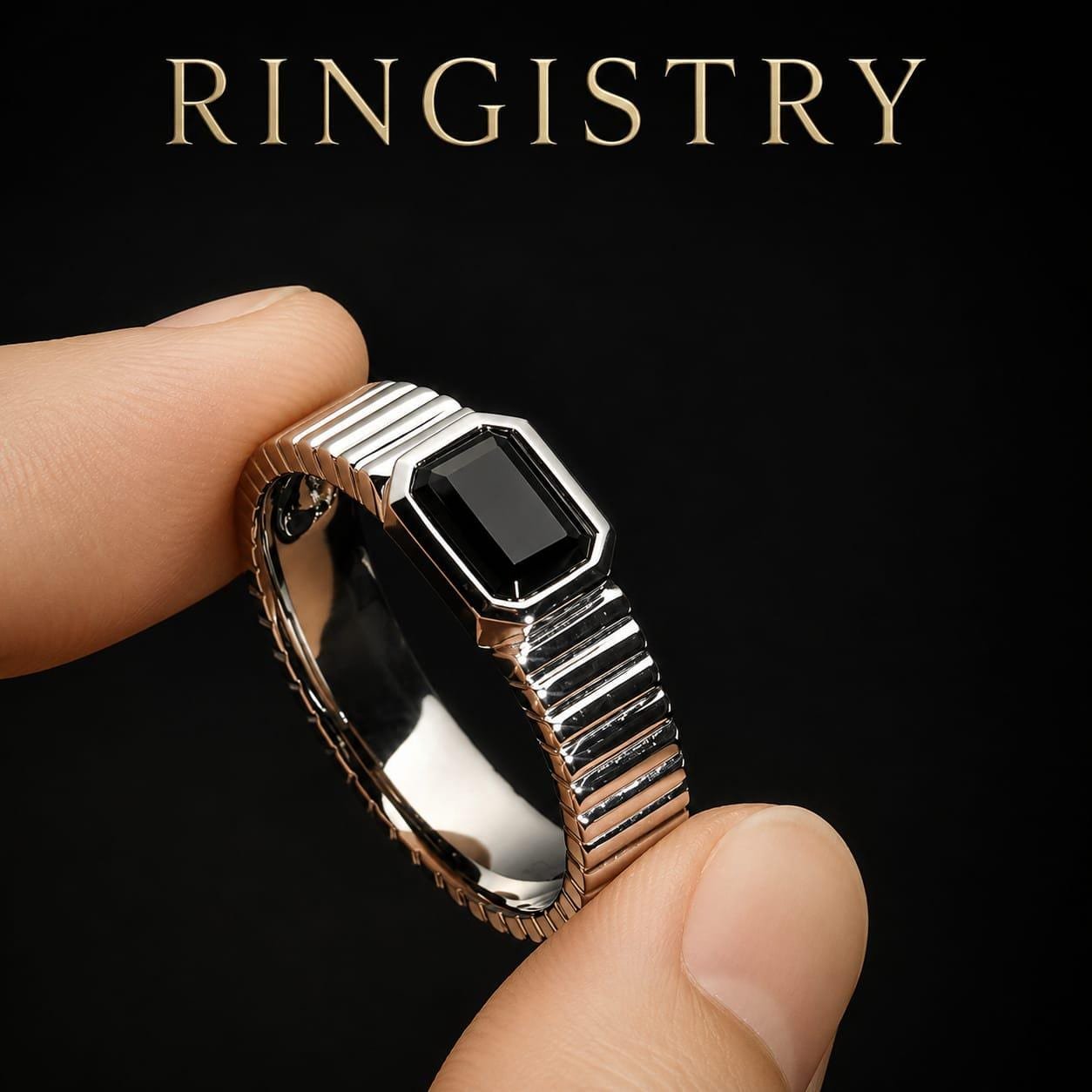 Black Agate Ring for Men, 925 Sterling Silver Wide Ribbed Band, Emerald Cut Black Aqeeq Ring, Minimalist Statement Gift - Image 3