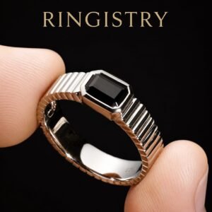 Black Agate Ring for Men, 925 Sterling Silver Wide Ribbed Band, Emerald Cut Black Aqeeq Ring, Minimalist Statement Gift