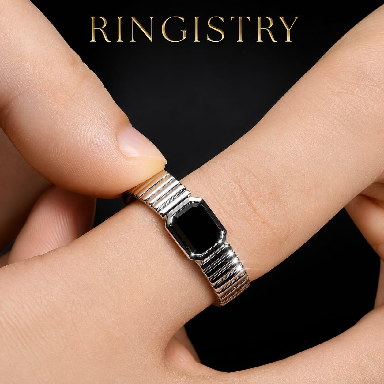 Black Agate Ring for Men, 925 Sterling Silver Wide Ribbed Band, Emerald Cut Black Aqeeq Ring, Minimalist Statement Gift - Image 5